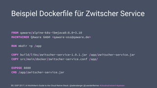 | OOP 2017 | A Hitchhiker’s Guide to the Cloud Native Stack | @adersberger @LeanderReimer #cloudnativenerd #qaware
Beispiel Dockerﬁle für Zwitscher Service
30
FROM qaware/alpine-k8s-ibmjava8:8.0-3.10 
MAINTAINER QAware GmbH <qaware-oss@qaware.de> 
 
RUN mkdir -p /app 
 
COPY build/libs/zwitscher-service-1.0.1.jar /app/zwitscher-service.jar 
COPY src/main/docker/zwitscher-service.conf /app/ 
 
EXPOSE 8080 
CMD /app/zwitscher-service.jar
 