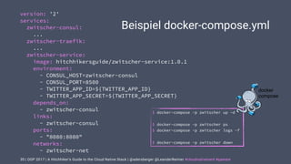 | OOP 2017 | A Hitchhiker’s Guide to the Cloud Native Stack | @adersberger @LeanderReimer #cloudnativenerd #qaware
Beispiel docker-compose.yml
35
version: '2'
services:
zwitscher-consul:
...
zwitscher-traefik:
...
zwitscher-service:
image: hitchhikersguide/zwitscher-service:1.0.1
environment:
- CONSUL_HOST=zwitscher-consul
- CONSUL_PORT=8500
- TWITTER_APP_ID=${TWITTER_APP_ID}
- TWITTER_APP_SECRET=${TWITTER_APP_SECRET}
depends_on:
- zwitscher-consul
links:
- zwitscher-consul
ports:
- "8080:8080"
networks:
- zwitscher-net
$ docker-compose -p zwitscher up -d
$ docker-compose -p zwitscher ps
$ docker-compose -p zwitscher logs -f
$ docker-compose -p zwitscher down
docker
compose
 