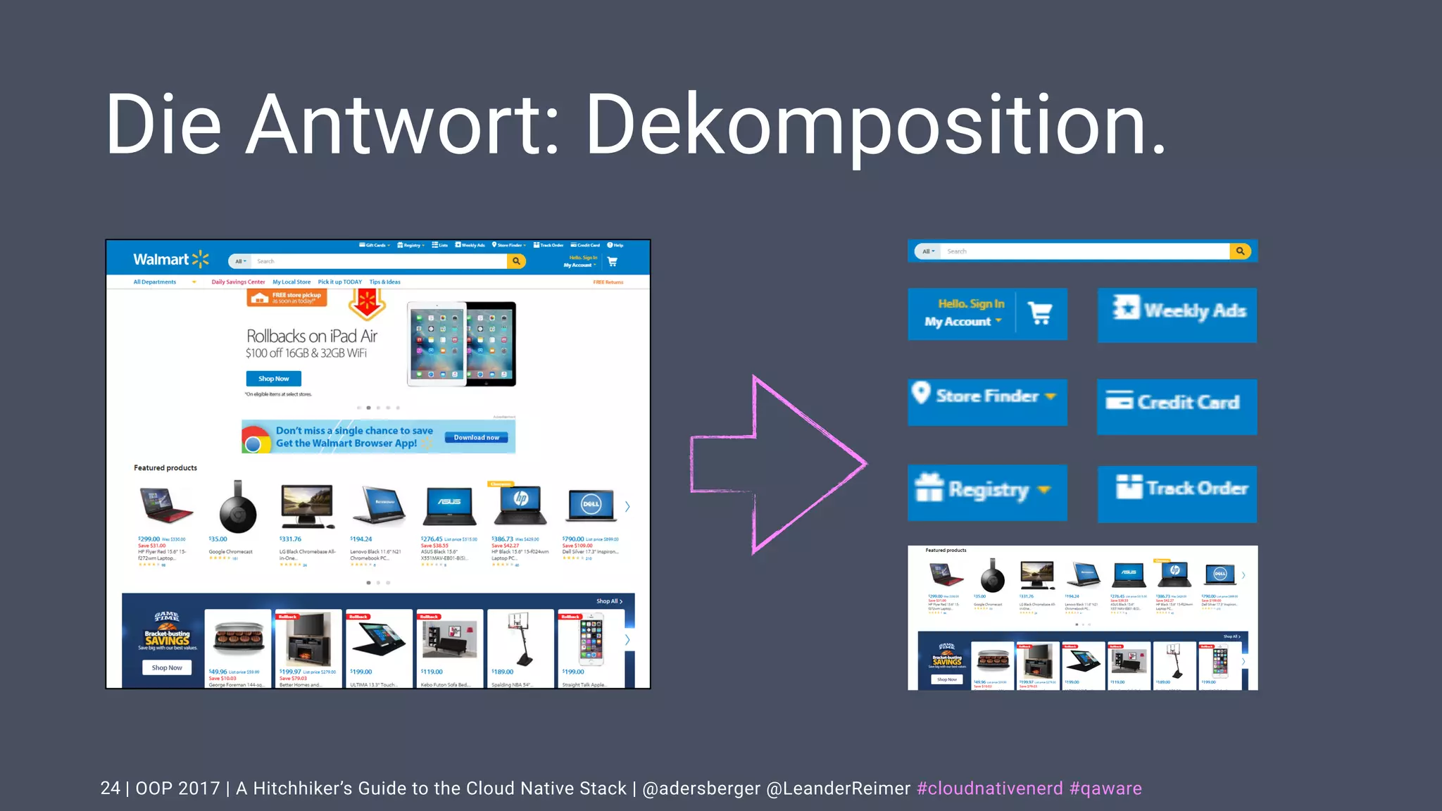 | OOP 2017 | A Hitchhiker’s Guide to the Cloud Native Stack | @adersberger @LeanderReimer #cloudnativenerd #qaware
Die Antwort: Dekomposition.
24
 