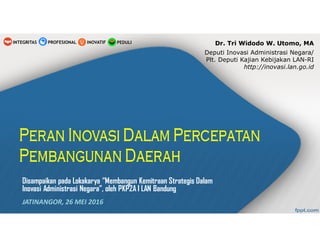 Disampaikan pada Lokakarya “Membangun Kemitraan Strategis Dalam
Inovasi Administrasi Negara”, oleh PKP2A I LAN Bandung
JATINANGOR, 26 MEI 2016
PEDULIINOVATIFINTEGRITAS PROFESIONAL Dr. Tri Widodo W. Utomo, MA
Deputi Inovasi Administrasi Negara/
Plt. Deputi Kajian Kebijakan LAN-RI
http://inovasi.lan.go.id
 