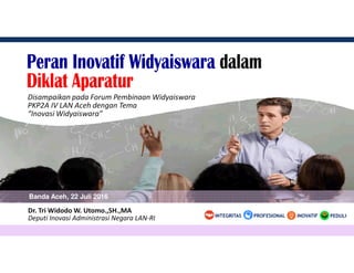 Disampaikan pada Forum Pembinaan Widyaiswara
PKP2A IV LAN Aceh dengan Tema
“Inovasi Widyaiswara”
Banda Aceh, 22 Juli 2016
Dr. Tri Widodo W. Utomo.,SH.,MA
Deputi Inovasi Administrasi Negara LAN-RI PEDULIINOVATIFINTEGRITAS PROFESIONAL
 