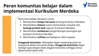 Peran komunitas belajar dalam
implementasi Kurikulum Merdeka
Komunitas belajar berperan untuk:
1. Memfasilitasi belajar bersama tentang Kurikulum Merdeka
2. Memfasilitasi diskusi untuk memecahkan masalah dan
berbagi praktik baik seputar Kurikulum Merdeka
3. Memfasilitasi kolaborasi pengembangan perangkat ajar
berbasis Kurikulum Merdeka
4. Memfasilitasi refleksi pembelajaran rekan sejawat
Penggerak komunitas diharapkan dapat mendorong peran ini
terwujud di dalam komunitas belajar. Penggerak komunitas dapat
berbagi tugas dengan rekan anggota komunitas sehingga semua
dapat berpartisipasi aktif
 
