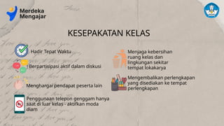 KESEPAKATAN KELAS
Hadir Tepat Waktu
Berpartisipasi aktif dalam diskusi
Menghargai pendapat peserta lain
Penggunaan telepon genggam hanya
saat di luar kelas - aktifkan moda
diam
Menjaga kebersihan
ruang kelas dan
lingkungan sekitar
tempat lokakarya
Mengembalikan perlengkapan
yang disediakan ke tempat
perlengkapan
 