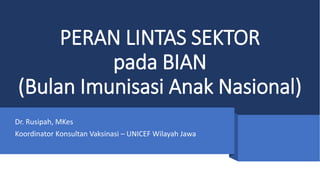 PERAN LINTAS SEKTOR
pada BIAN
(Bulan Imunisasi Anak Nasional)
Dr. Rusipah, MKes
Koordinator Konsultan Vaksinasi – UNICEF Wilayah Jawa
 