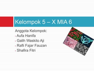 Kelompok 5 – X MIA 6
Anggota Kelompok:
• Aufa Hanifa
• Galih Waskito Aji
• Rafli Fajar Fauzan
• Shafira Fitri

 
