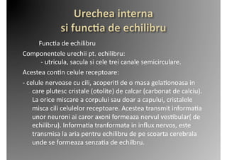  	
  	
  	
  	
  	
  	
  	
  	
  	
  Func2a	
  de	
  echilibru	
  	
  
Componentele	
  urechii	
  pt.	
  echilibru:	
  	
  
                                        	
  -­‐	
  utricula,	
  sacula	
  si	
  cele	
  trei	
  canale	
  semicirculare.	
  	
  
Acestea	
  con2n	
  celule	
  receptoare:	
  
-­‐	
  celule	
  nervoase	
  cu	
  cili,	
  acoperi2	
  de	
  o	
  masa	
  gela2onoasa	
  in	
  
                        care	
  plutesc	
  cristale	
  (otolite)	
  de	
  calcar	
  (carbonat	
  de	
  calciu).	
  
                        La	
  orice	
  miscare	
  a	
  corpului	
  sau	
  doar	
  a	
  capului,	
  cristalele	
  
                        misca	
  cili	
  celulelor	
  receptoare.	
  Acestea	
  transmit	
  informa2a	
  
                        unor	
  neuroni	
  ai	
  caror	
  axoni	
  formeaza	
  nervul	
  ves2bular(	
  de	
  
                        echilibru).	
  Informa2a	
  tranformata	
  in	
  inﬂux	
  nervos,	
  este	
  
                        transmisa	
  la	
  aria	
  pentru	
  echilibru	
  de	
  pe	
  scoarta	
  cerebrala	
  
                        unde	
  se	
  formeaza	
  senza2a	
  de	
  echilbru.	
  
 