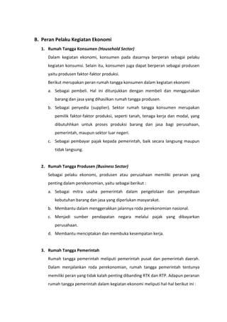 Peran Pelaku Kegiatan Ekonomi Peran Pelaku Kegiatan Ekonomi