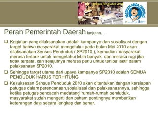 Peran Pemerintah Daerah  lanjutan… Kegiatan yang dilaksanakan adalah kampanye dan sosialisasi dengan target bahwa masyarakat mengetahui pada bulan Mei 2010 akan dilaksanakan Sensus Penduduk ( SP2010 ), kemudian masyarakat merasa tertarik untuk mengetahui lebih banyak  dan merasa rugi jika tidak terdata, dan selajutnya merasa perlu untuk terlibat aktif dalam pelaksanaan SP2010. Sehingga target utama dari upaya kampanye SP2010 adalah SEMUA PENDUDUK HARUS TERHITUNG Kesuksesan Sensus Penduduk 2010 akan ditentukan dengan kersiapan petugas dalam perencanaan,sosialisasi dan pelaksanaannya, sehingga ketika petugas pencacah medatangi rumah-rumah penduduk, masyarakat sudah mengerti dan paham pentingnya memberikan keterangan data secara lengkap dan benar. 