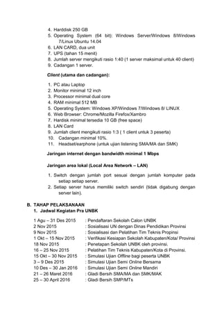 4. Harddisk 250 GB
5. Operating System (64 bit): Windows Server/Windows 8/Windows
7/Linux Ubuntu 14.04
6. LAN CARD, dua unit
7. UPS (tahan 15 menit)
8. Jumlah server mengikuti rasio 1:40 (1 server maksimal untuk 40 client)
9. Cadangan 1 server.
Client (utama dan cadangan):
1. PC atau Laptop
2. Monitor minimal 12 inch
3. Processor minimal dual core
4. RAM minimal 512 MB
5. Operating System: Windows XP/Windows 7/Windows 8/ LINUX
6. Web Browser: Chrome/Mozilla Firefox/Xambro
7. Hardisk minimal tersedia 10 GB (free space)
8. LAN Card
9. Jumlah client mengikuti rasio 1:3 ( 1 client untuk 3 peserta)
10. Cadangan minimal 10%.
11. Headset/earphone (untuk ujian listening SMA/MA dan SMK)
Jaringan internet dengan bandwidth minimal 1 Mbps
Jaringan area lokal (Local Area Network – LAN)
1. Switch dengan jumlah port sesuai dengan jumlah komputer pada
setiap setiap server.
2. Setiap server harus memiliki switch sendiri (tidak digabung dengan
server lain).
B. TAHAP PELAKSANAAN
1. Jadwal Kegiatan Pra UNBK
1 Agu – 31 Des 2015 : Pendaftaran Sekolah Calon UNBK
2 Nov 2015 : Sosialisasi UN dengan Dinas Pendidikan Provinsi
9 Nov 2015 : Sosialisasi dan Pelatihan Tim Teknis Propinsi
1 Okt – 15 Nov 2015 : Verifikasi Kesiapan Sekolah Kabupaten/Kota/ Provinsi
18 Nov 2015 : Penetapan Sekolah UNBK oleh provinsi.
16 – 25 Nov 2015 : Pelatihan Tim Teknis Kabupaten/Kota di Provinsi.
15 Okt – 30 Nov 2015 : Simulasi Ujian Offline bagi peserta UNBK
3 – 9 Des 2015 : Simulasi Ujian Semi Online Bersama
10 Des – 30 Jan 2016 : Simulasi Ujian Semi Online Mandiri
21 – 26 Maret 2016 : Gladi Bersih SMA/MA dan SMK/MAK
25 – 30 April 2016 : Gladi Bersih SMP/MTs
 