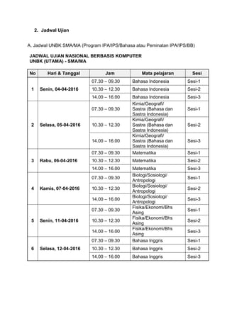 2. Jadwal Ujian
A. Jadwal UNBK SMA/MA (Program IPA/IPS/Bahasa atau Peminatan IPA/IPS/BB)
JADWAL UJIAN NASIONAL BERBASIS KOMPUTER
UNBK (UTAMA) - SMA/MA
No Hari & Tanggal Jam Mata pelajaran Sesi
1 Senin, 04-04-2016
07.30 – 09.30 Bahasa Indonesia Sesi-1
10.30 – 12.30 Bahasa Indonesia Sesi-2
14.00 – 16.00 Bahasa Indonesia Sesi-3
2 Selasa, 05-04-2016
07.30 – 09.30
Kimia/Geografi/
Sastra (Bahasa dan
Sastra Indonesia)
Sesi-1
10.30 – 12.30
Kimia/Geografi/
Sastra (Bahasa dan
Sastra Indonesia)
Sesi-2
14.00 – 16.00
Kimia/Geografi/
Sastra (Bahasa dan
Sastra Indonesia)
Sesi-3
3 Rabu, 06-04-2016
07.30 – 09.30 Matematika Sesi-1
10.30 – 12.30 Matematika Sesi-2
14.00 – 16.00 Matematika Sesi-3
4 Kamis, 07-04-2016
07.30 – 09.30
Biologi/Sosiologi/
Antropologi
Sesi-1
10.30 – 12.30
Biologi/Sosiologi/
Antropologi
Sesi-2
14.00 – 16.00
Biologi/Sosiologi/
Antropologi
Sesi-3
5 Senin, 11-04-2016
07.30 – 09.30
Fisika/Ekonomi/Bhs
Asing
Sesi-1
10.30 – 12.30
Fisika/Ekonomi/Bhs
Asing
Sesi-2
14.00 – 16.00
Fisika/Ekonomi/Bhs
Asing
Sesi-3
6 Selasa, 12-04-2016
07.30 – 09.30 Bahasa Inggris Sesi-1
10.30 – 12.30 Bahasa Inggris Sesi-2
14.00 – 16.00 Bahasa Inggris Sesi-3
 
