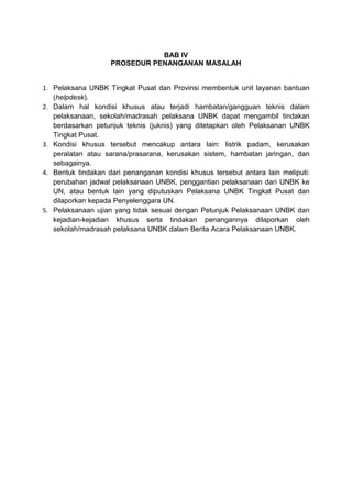 BAB IV
PROSEDUR PENANGANAN MASALAH
1. Pelaksana UNBK Tingkat Pusat dan Provinsi membentuk unit layanan bantuan
(helpdesk).
2. Dalam hal kondisi khusus atau terjadi hambatan/gangguan teknis dalam
pelaksanaan, sekolah/madrasah pelaksana UNBK dapat mengambil tindakan
berdasarkan petunjuk teknis (juknis) yang ditetapkan oleh Pelaksanan UNBK
Tingkat Pusat.
3. Kondisi khusus tersebut mencakup antara lain: listrik padam, kerusakan
peralatan atau sarana/prasarana, kerusakan sistem, hambatan jaringan, dan
sebagainya.
4. Bentuk tindakan dari penanganan kondisi khusus tersebut antara lain meliputi:
perubahan jadwal pelaksanaan UNBK, penggantian pelaksanaan dari UNBK ke
UN, atau bentuk lain yang diputuskan Pelaksana UNBK Tingkat Pusat dan
dilaporkan kepada Penyelenggara UN.
5. Pelaksanaan ujian yang tidak sesuai dengan Petunjuk Pelaksanaan UNBK dan
kejadian-kejadian khusus serta tindakan penangannya dilaporkan oleh
sekolah/madrasah pelaksana UNBK dalam Berita Acara Pelaksanaan UNBK.
 