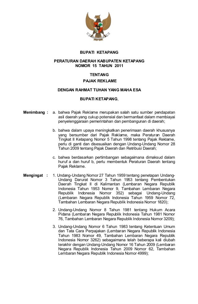 Peraturan daerah kabupaten ketapang nomor 15 tahun 2011 