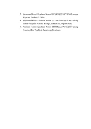 7. Keputusan Menteri Kesehatan Nomor 900/MENKES/SK/VII/2002 tentang
   Registrasi Dan Praktik Bidan;
8. Keputusan Menteri Kesehatan Nomor 1457/MENKES/SK/X/2003 tentang
   Standar Pelayanan Minimal Bidang Kesehatan di Kabupaten/Kota;
9. Peraturan Menteri Kesehatan Nomor 1575/Menkes/Per/XI/2005 tentang
   Organisasi Dan Tata Kerja Departemen Kesehatan;
 