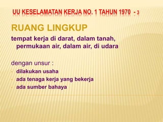 UU KESELAMATAN KERJA NO. 1 TAHUN 1970 - 3
RUANG LINGKUP
tempat kerja di darat, dalam tanah,
permukaan air, dalam air, di udara
dengan unsur :
• dilakukan usaha
• ada tenaga kerja yang bekerja
• ada sumber bahaya
 