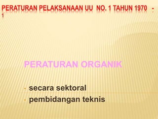 PERATURAN PELAKSANAAN UU NO. 1 TAHUN 1970 -
1
PERATURAN ORGANIK
• secara sektoral
• pembidangan teknis
 