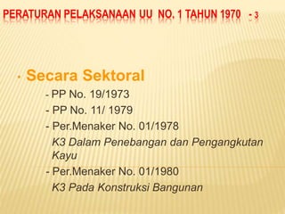PERATURAN PELAKSANAAN UU NO. 1 TAHUN 1970 - 3
• Secara Sektoral
- PP No. 19/1973
- PP No. 11/ 1979
- Per.Menaker No. 01/1978
K3 Dalam Penebangan dan Pengangkutan
Kayu
- Per.Menaker No. 01/1980
K3 Pada Konstruksi Bangunan
 
