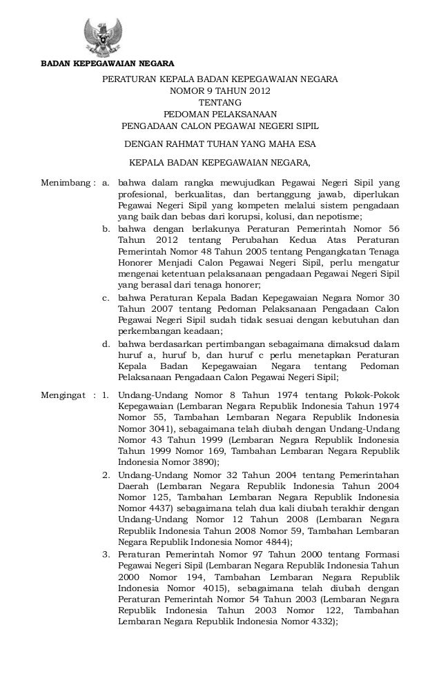 Peraturan kepala bkn no. 9 tahun 2012 Peraturan kepala bkn no. 9 tahun 2012