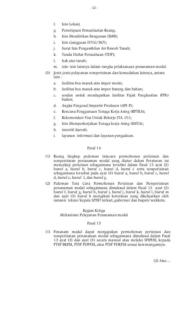 surat perizinan impor no. 12 bkpm tahun Peraturan 2009 tentang pedoman kepala