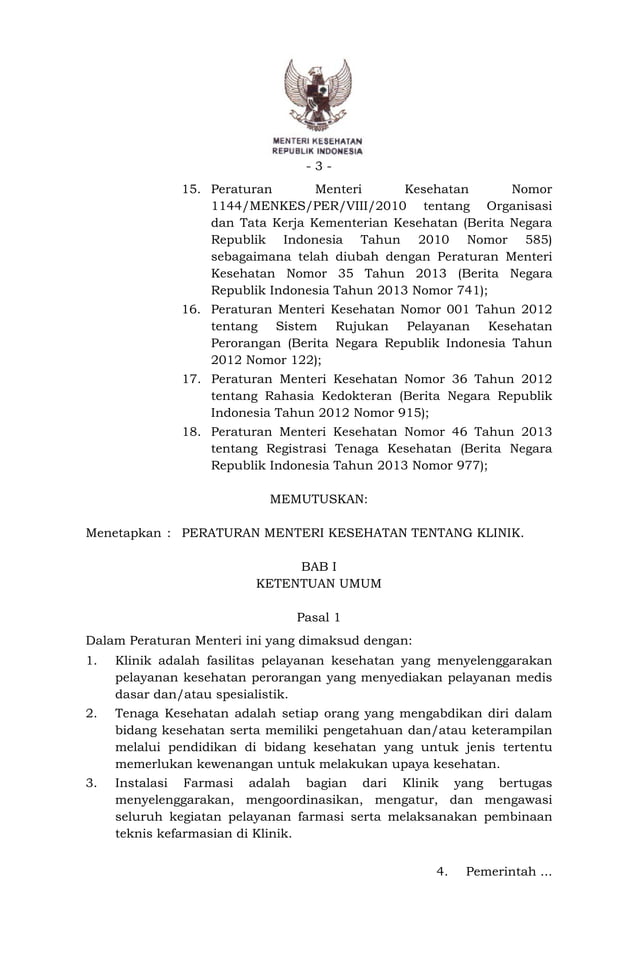Peraturan menteri kesehatan no. 9 tahun 2014 tentang klinik