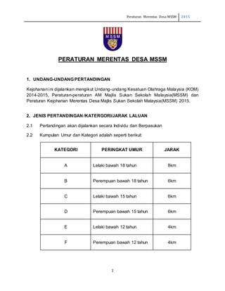 Peraturan Merentas Desa MSSM 2015
1
PERATURAN MERENTAS DESA MSSM
1. UNDANG-UNDANG PERTANDINGAN
Kejohanan ini dijalankan mengikut Undang-undang Kesatuan Olahraga Malaysia (KOM)
2014-2015, Peraturan-peraturan AM Majlis Sukan Sekolah Malaysia(MSSM) dan
Peraturan Kejohanan Merentas Desa Majlis Sukan Sekolah Malaysia(MSSM) 2015.
2. JENIS PERTANDINGAN /KATERGORI/JARAK LALUAN
2.1 Pertandingan akan dijalankan secara Individu dan Berpasukan
2.2 Kumpulan Umur dan Kategori adalah seperti berikut:
KATEGORI PERINGKAT UMUR JARAK
A Lelaki bawah 18 tahun 8km
B Perempuan bawah 18 tahun 6km
C Lelaki bawah 15 tahun 6km
D Perempuan bawah 15 tahun 6km
E Lelaki bawah 12 tahun 4km
F Perempuan bawah 12 tahun 4km
 