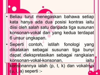 • Beliau turut menegaskan bahawa setiap
kata hanya ada dua posisi kontras iaitu
diisi oleh salah satu daripada tiga susunan
konsonan-vokal dan yang kedua terdapat
6 unsur ungkapan.
• Seperti contoh, istilah fonologi yang
dikatakan sebagai susunan tiga bunyi
dapat diekspretasikan sebagai rangkaian
konsonan-vokal-konsonan, iaitu
konsonannya ialah (p, t, k) dan vokalnya
(u, i, a) seperti :-
 