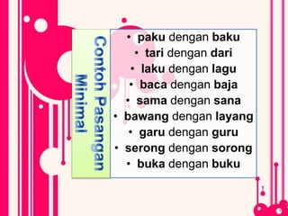 • paku dengan baku
• tari dengan dari
• laku dengan lagu
• baca dengan baja
• sama dengan sana
• bawang dengan layang
• garu dengan guru
• serong dengan sorong
• buka dengan buku
 