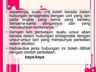 • sebaliknya, suatu unit boleh berada dalam
hubungan sintagmatis dengan unit yang lain
pada tingkat yang sama yang berlaku
bersama-sama dengannya dan yang
menubuhkan konteksnya.
• Dengan lain perkataan, suatu unsur akan
berada dalam hubungan sintagmatis dengan
unsur-unsur lain yang mempunyai perkaitan
dalam struktur.
• Kedua-dua jenis hubungan ini boleh dilihat
dengan contoh perkataan:
baya:kaya
 