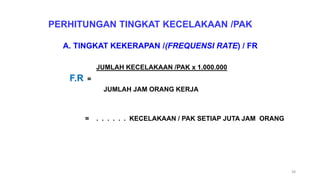 38
PERHITUNGAN TINGKAT KECELAKAAN /PAK
A. TINGKAT KEKERAPAN /(FREQUENSI RATE) / FR
JUMLAH KECELAKAAN /PAK x 1.000.000
F.R =
JUMLAH JAM ORANG KERJA
= . . . . . . KECELAKAAN / PAK SETIAP JUTA JAM ORANG
 