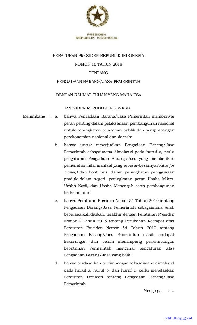 Peraturan presiden nomor 16 tahun 2018