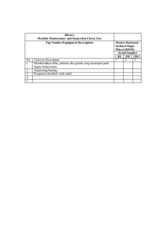 Blower
Monthly Maintenance and Inspection Check List
Tag Number/Equipment Description Model: Backward
Inclined Single
Wheel (BISW)
Serial Number
BI SW 150
No Task List Description 1 2 3
1 Membersihkan debu, pelumas dan gemuk yang menempel pada
bagian badan motor
2 Regreasing bearing
3 Pengaturan kembali celah radial
4
5
 