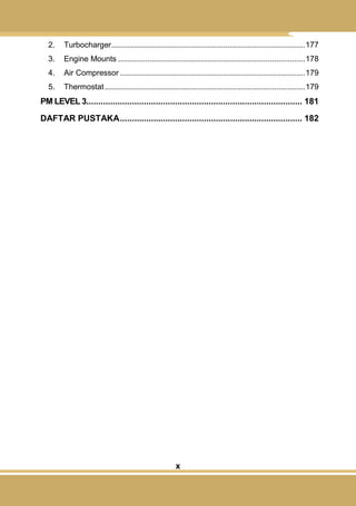 x
2. Turbocharger.......................................................................................177
3. Engine Mounts ....................................................................................178
4. Air Compressor ...................................................................................179
5. Thermostat..........................................................................................179
PM LEVEL 3.......................................................................................... 181
DAFTAR PUSTAKA............................................................................ 182
 