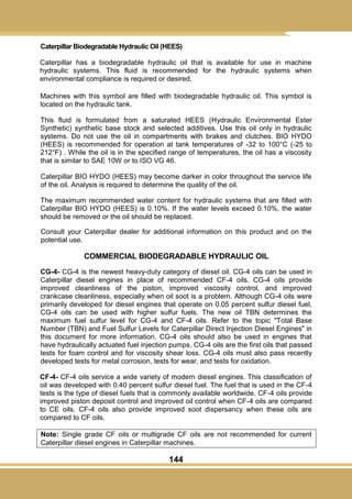 144
Caterpillar Biodegradable Hydraulic Oil (HEES)
Caterpillar has a biodegradable hydraulic oil that is available for use in machine
hydraulic systems. This fluid is recommended for the hydraulic systems when
environmental compliance is required or desired.
Machines with this symbol are filled with biodegradable hydraulic oil. This symbol is
located on the hydraulic tank.
This fluid is formulated from a saturated HEES (Hydraulic Environmental Ester
Synthetic) synthetic base stock and selected additives. Use this oil only in hydraulic
systems. Do not use the oil in compartments with brakes and clutches. BIO HYDO
(HEES) is recommended for operation at tank temperatures of -32 to 100°C (-25 to
212°F) . While the oil is in the specified range of temperatures, the oil has a viscosity
that is similar to SAE 10W or to ISO VG 46.
Caterpillar BIO HYDO (HEES) may become darker in color throughout the service life
of the oil. Analysis is required to determine the quality of the oil.
The maximum recommended water content for hydraulic systems that are filled with
Caterpillar BIO HYDO (HEES) is 0.10%. If the water levels exceed 0.10%, the water
should be removed or the oil should be replaced.
Consult your Caterpillar dealer for additional information on this product and on the
potential use.
COMMERCIAL BIODEGRADABLE HYDRAULIC OIL
CG-4- CG-4 is the newest heavy-duty category of diesel oil. CG-4 oils can be used in
Caterpillar diesel engines in place of recommended CF-4 oils. CG-4 oils provide
improved cleanliness of the piston, improved viscosity control, and improved
crankcase cleanliness, especially when oil soot is a problem. Although CG-4 oils were
primarily developed for diesel engines that operate on 0.05 percent sulfur diesel fuel,
CG-4 oils can be used with higher sulfur fuels. The new oil TBN determines the
maximum fuel sulfur level for CG-4 and CF-4 oils. Refer to the topic "Total Base
Number (TBN) and Fuel Sulfur Levels for Caterpillar Direct Injection Diesel Engines" in
this document for more information. CG-4 oils should also be used in engines that
have hydraulically actuated fuel injection pumps. CG-4 oils are the first oils that passed
tests for foam control and for viscosity shear loss. CG-4 oils must also pass recently
developed tests for metal corrosion, tests for wear, and tests for oxidation.
CF-4- CF-4 oils service a wide variety of modern diesel engines. This classification of
oil was developed with 0.40 percent sulfur diesel fuel. The fuel that is used in the CF-4
tests is the type of diesel fuels that is commonly available worldwide. CF-4 oils provide
improved piston deposit control and improved oil control when CF-4 oils are compared
to CE oils. CF-4 oils also provide improved soot dispersancy when these oils are
compared to CF oils.
Note: Single grade CF oils or multigrade CF oils are not recommended for current
Caterpillar diesel engines in Caterpillar machines.
 