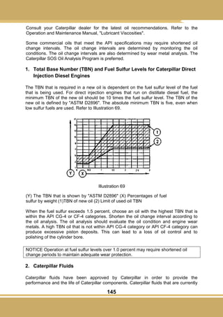 145
Consult your Caterpillar dealer for the latest oil recommendations. Refer to the
Operation and Maintenance Manual, "Lubricant Viscosities".
Some commercial oils that meet the API specifications may require shortened oil
change intervals. The oil change intervals are determined by monitoring the oil
conditions. The oil change intervals are also determined by wear metal analysis. The
Caterpillar SOS Oil Analysis Program is preferred.
1. Total Base Number (TBN) and Fuel Sulfur Levels for Caterpillar Direct
Injection Diesel Engines
The TBN that is required in a new oil is dependent on the fuel sulfur level of the fuel
that is being used. For direct injection engines that run on distillate diesel fuel, the
minimum TBN of the new oil should be 10 times the fuel sulfur level. The TBN of the
new oil is defined by "ASTM D2896". The absolute minimum TBN is five, even when
low sulfur fuels are used. Refer to Illustration 69.
Illustration 69
(Y) The TBN that is shown by "ASTM D2896" (X) Percentages of fuel
sulfur by weight (1)TBN of new oil (2) Limit of used oil TBN
When the fuel sulfur exceeds 1.5 percent, choose an oil with the highest TBN that is
within the API CG-4 or CF-4 categories. Shorten the oil change interval according to
the oil analysis. The oil analysis should evaluate the oil condition and engine wear
metals. A high TBN oil that is not within API CG-4 category or API CF-4 category can
produce excessive piston deposits. This can lead to a loss of oil control and to
polishing of the cylinder bore.
NOTICE Operation at fuel sulfur levels over 1.0 percent may require shortened oil
change periods to maintain adequate wear protection.
2. Caterpillar Fluids
Caterpillar fluids have been approved by Caterpillar in order to provide the
performance and the life of Caterpillar components. Caterpillar fluids that are currently
 