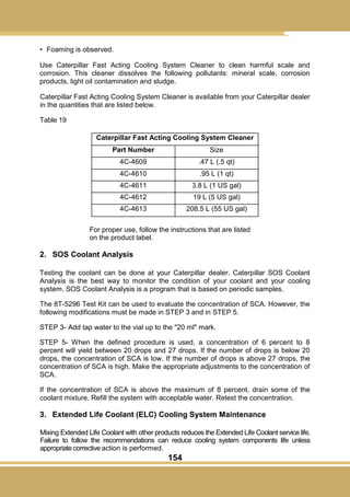 154
• Foaming is observed.
Use Caterpillar Fast Acting Cooling System Cleaner to clean harmful scale and
corrosion. This cleaner dissolves the following pollutants: mineral scale, corrosion
products, light oil contamination and sludge.
Caterpillar Fast Acting Cooling System Cleaner is available from your Caterpillar dealer
in the quantities that are listed below.
Table 19
Caterpillar Fast Acting Cooling System Cleaner
Part Number Size
4C-4609 .47 L (.5 qt)
4C-4610 .95 L (1 qt)
4C-4611 3.8 L (1 US gal)
4C-4612 19 L (5 US gal)
4C-4613 208.5 L (55 US gal)
For proper use, follow the instructions that are listed
on the product label.
2. SOS Coolant Analysis
Testing the coolant can be done at your Caterpillar dealer. Caterpillar SOS Coolant
Analysis is the best way to monitor the condition of your coolant and your cooling
system. SOS Coolant Analysis is a program that is based on periodic samples.
The 8T-5296 Test Kit can be used to evaluate the concentration of SCA. However, the
following modifications must be made in STEP 3 and in STEP 5.
STEP 3- Add tap water to the vial up to the "20 ml" mark.
STEP 5- When the defined procedure is used, a concentration of 6 percent to 8
percent will yield between 20 drops and 27 drops. If the number of drops is below 20
drops, the concentration of SCA is low. If the number of drops is above 27 drops, the
concentration of SCA is high. Make the appropriate adjustments to the concentration of
SCA.
If the concentration of SCA is above the maximum of 8 percent, drain some of the
coolant mixture. Refill the system with acceptable water. Retest the concentration.
3. Extended Life Coolant (ELC) Cooling System Maintenance
Mixing Extended Life Coolant with other products reduces the Extended Life Coolant service life.
Failure to follow the recommendations can reduce cooling system components life unless
appropriate corrective action is performed.
 