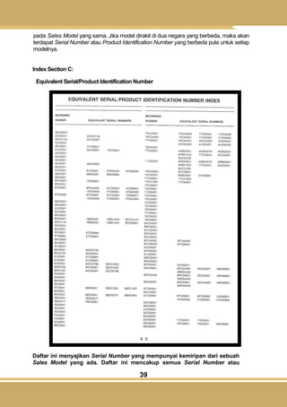39
pada Sales Model yang sama. Jika model dirakit di dua negara yang berbeda, maka akan
terdapat Serial Number atau Product Identification Number yang berbeda pula untuk setiap
modelnya.
Index Section C:
Equivalent Serial/Product Identification Number
Daftar ini menyajikan Serial Number yang mempunyai kemiripan dari sebuah
Sales Model yang ada. Daftar ini mencakup semua Serial Number atau
 
