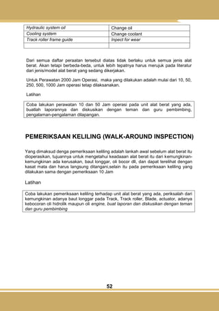 52
Hydraulic system oil Change oil
Cooling system Change coolant
Track roller frame guide Inpect for wear
Dari semua daftar peraatan tersebut diatas tidak berlaku untuk semua jenis alat
berat. Akan tetapi berbeda-beda, untuk lebih tepatnya harus merujuk pada literatur
dari jenis/model alat berat yang sedang dikerjakan.
Untuk Perawatan 2000 Jam Operasi, maka yang dilakukan adalah mulai dari 10, 50,
250, 500, 1000 Jam operasi tetap dilaksanakan.
Latihan
Coba lakukan perawatan 10 dan 50 Jam operasi pada unit alat berat yang ada,
buatlah laporannya dan diskusikan dengan teman dan guru pembimbing,
pengalaman-pengalaman dilapangan.
PEMERIKSAAN KELILING (WALK-AROUND INSPECTION)
Yang dimaksud denga pemeriksaan keliling adalah lankah awal sebelum alat berat itu
dioperasikan, tujuannya untuk mengetahui keadaaan alat berat itu dari kemungkinan-
kemungkinan ada kerusakan, baut longgar, oli bocor dll, dan dapat terelihat dengan
kasat mata dan harus langsung ditangani,selain itu pada pemeriksaan keliling yang
dilakukan sama dengan pemeriksaan 10 Jam
Latihan
Coba lakukan pemeriksaan keliling terhadap unit alat berat yang ada, periksalah dari
kemungkinan adanya baut longgar pada Track, Track roller, Blade, actuator, adanya
kebocoran oli hidrolik maupun oli engine, buat laporan dan diskusikan dengan teman
dan guru pembimbing
 