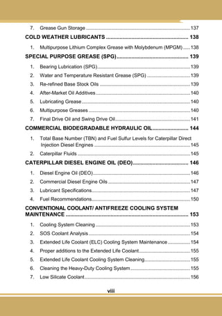 viii
7. Grease Gun Storage ...........................................................................137
COLD WEATHER LUBRICANTS ....................................................... 138
1. Multipurpose Lithium Complex Grease with Molybdenum (MPGM) .....138
SPECIAL PURPOSE GREASE (SPG)................................................ 139
1. Bearing Lubrication (SPG)...................................................................139
2. Water and Temperature Resistant Grease (SPG) ...............................139
3. Re-refined Base Stock Oils .................................................................139
4. After-Market Oil Additives....................................................................140
5. Lubricating Grease..............................................................................140
6. Multipurpose Greases .........................................................................140
7. Final Drive Oil and Swing Drive Oil......................................................141
COMMERCIAL BIODEGRADABLE HYDRAULIC OIL........................ 144
1. Total Base Number (TBN) and Fuel Sulfur Levels for Caterpillar Direct
Injection Diesel Engines .....................................................................145
2. Caterpillar Fluids .................................................................................145
CATERPILLAR DIESEL ENGINE OIL (DEO)..................................... 146
1. Diesel Engine Oil (DEO)......................................................................146
2. Commercial Diesel Engine Oils ...........................................................147
3. Lubricant Specifications.......................................................................147
4. Fuel Recommendations.......................................................................150
CONVENTIONAL COOLANT/ ANTIFREEZE COOLING SYSTEM
MAINTENANCE .................................................................................. 153
1. Cooling System Cleaning ....................................................................153
2. SOS Coolant Analysis .........................................................................154
3. Extended Life Coolant (ELC) Cooling System Maintenance ................154
4. Proper additions to the Extended Life Coolant.....................................155
5. Extended Life Coolant Cooling System Cleaning.................................155
6. Cleaning the Heavy-Duty Cooling System...........................................155
7. Low Silicate Coolant............................................................................156
 