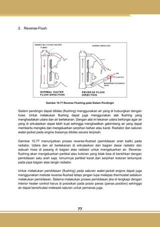 77
2. Reverse-Flush
Gambar 10.77 Reverse Flushing pada Sistem Pendingin
Sistem pendingin dapat dibilas (flushing) menggunakan air yang di hubungkan dengan
hose. Untuk melakukan flushing dapat juga menggunakan alat flushing yang
menghasilakan udara dan air bertekanan. Dengan alat ini tekanan udara berfungsi agar air
yang di sirkulasikan dapat lebih kuat sehingga menghasilkan gelombang air yang dapat
membantu mengikis dan mengeluarkan serpihan bahan atau karat. Radiator dan saluran
water-jacket pada engine biasanya dibilas secara terpisah.
Gambar 10.77 menunjukkan proses reverse-flushed (pembilasan arah balik) pada
radiator. Udara dan air bertekanan di sirkulasikan dari bagian dasar radiator dan
sebuah hose di pasang di bagian atas radiator untuk mengeluarkan air. Reverse-
flushing akan mengeluarkan partikel atau kotoran yang tidak bisa di bersihkan dengan
pembilasan satu arah saja. Umumnya partikel karat dan serpihan kotoran tertumpuk
pada pipa bagian atas tangki radiator.
Untuk melakukan pembilasan (flushing) pada saluran water-jacket engine dapat juga
menggunakan metode reverse-flushed tetapi jangan lupa melepas thermostat sebelum
melakukan pembilasan. Selama melakukan proses pembilasan jika di lengkapi dengan
interior heater control harus di posisikan pada posisi panas (panas position) sehingga
air dapat bersirkulasi melewati saluran untuk pemanas juga.
 
