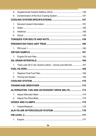 ix
8. Supplemental Coolant Additive (SCA).................................................156
9. Contamination of the ELC Cooling System..........................................157
COOLING SYSTEM SPECIFICATIONS.............................................. 157
1. General Coolant Information ...............................................................157
2. Water ..................................................................................................158
3. Additives .............................................................................................158
4. Glycol..................................................................................................159
TORQUES FOR BOLTS AND NUTS.................................................. 159
PERAWATAN PADA UNIT TRUK ...................................................... 160
1. PM Level 1 ..........................................................................................160
OBTAIN SAMPLE ............................................................................... 161
1. Engine Oil and Filter............................................................................162
OIL DRAIN INTERVALS ..................................................................... 166
1. Total Lube Oil in US. Quarts (Liters) – (Sump and Add Oil).................167
FUEL FILTERS .................................................................................... 168
1. Replace Final Fuel Filter......................................................................169
2. Priming the System .............................................................................169
COOLING SYSTEM ............................................................................ 170
CRANKCASE BREATHER................................................................. 173
ALTERNATOR, FAN AND ACCESSORY DRIVE BELTS.................. 173
1. Adjust Alternator Belts.........................................................................174
2. Adjust Fan Drive Belts.........................................................................175
HOSES AND CLAMPS ....................................................................... 175
1. Inspect/Replace...................................................................................175
ALR-TO-AIR AFTERCOOLER SYSTEM............................................ 176
PM LEVEL 2........................................................................................ 177
1. Engine.................................................................................................177
 