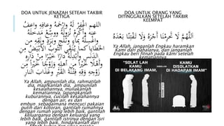 DOA UNTUK JENAZAH SETEAH TAKBIR 
KETIGA 
اللهم اغْفَِرْ لَهُ وارْحََه وعافِهِ واعفُ 
عنه وأَكْرِمْ نُزولَهُ وو سعْ مَدخلَهُ 
واغْسِلْهُ بِِاءٍ وث لَْج وب رََدٍ ونَقِهِ من 
الخَطايا كما ي نَُ قَي الثَوبُ الأَبْ يَضُ مِنِ 
الدَنَسِ وأَبْدِلْهُ داارا خَ يْ ارا مِنْ دَا رِهِ 
وأَهْالَ خَيْْاا من أهلِهِ وزَوْا جا خَيْْ اا مِن 
زَوْجِهِ وَقِهِ فِتْ نَة القَ وعَذَابَ النارِ 
Ya Allah, ampunilah dia, rahmatilah 
dia, maafkanlah dia, ampunilah 
kesalahannya, muliakanlah 
kematiannya, lapangkanlah 
kuburannya, cucilah kesalahannya 
dengan air, es dan 
embun sebagaimana mencuci pakaian 
putih dari kotoran, gantilah rumahnya 
dengan rumah yang lebih baik, gantilah 
keluarganya dengan keluarga yang 
lebih baik, gantilah istrinya dengan isri 
yang lebih baik, hindarkanlah dari 
fitnah kubur dan siksa neraka. 
DOA UNTUK ORANG YANG 
DITINGGALKAN SETELAH TAKBIR 
KEEMPAT 
اَللَهُمَ لََ تََرِمْ نَا أَجْرَهُ وَلََ تَ فَْ تِن ا ب عَْدَه Ya Allah, janganlah Engkau haramkan 
Kami dari pahalanya, dan janganlah 
Engkau beri fitnah pada kami setelah 
kematiannya. 
 