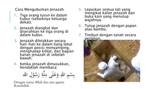 Cara Menguburkan Jenazah 
1. Tiga orang turun ke dalam 
kubur (sebaiknya keluarga 
dekat). 
2. Jenazah diangkat dan 
diserahkan ke tiga orang di 
dalam kubur. 
3. Jenazah diletakkan secara 
hati-hati ke dalam liang lahat 
dengan posisi menyamping, 
menghadap kiblat, dan bagian 
kanan jenazah di sebelah 
bawah. 
4. Ketika jenazah dimasukkan, 
hendaklah membaca: 
بِسْمِ اللهِ وَعَلَى مِ لَةِ رَسُوْلِ الله 
Dengan nama Allah dan atas agama 
Rasulullah 
5. Lepaskan semua tali yang 
mengikat kafan jenazah dan 
buka kain yang menutup 
wajahnya. 
6. Tutup jenazah dengan papan 
atau bambu. 
7. Timbun dengan tanah secara 
perlahan. 
 