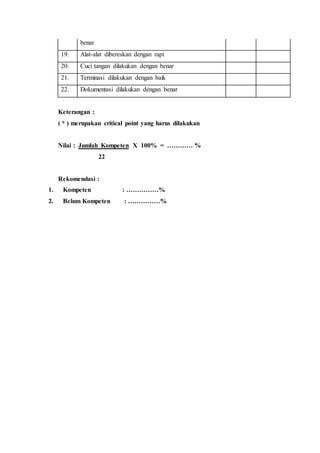 benar
19. Alat-alat dibereskan dengan rapi
20. Cuci tangan dilakukan dengan benar
21. Terminasi dilakukan dengan baik
22. Dokumentasi dilakukan dengan benar
Keterangan :
( * ) merupakan critical point yang harus dilakukan
Nilai : Jumlah Kompeten X 100% = ………… %
22
Rekomendasi :
1. Kompeten : ……………%
2. Belum Kompeten : ……………%
 
