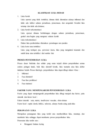KLASIFIKASI LUKA BEDAH
1. Luka bersih
Luka operasi yang tidak terinfeksi, dimana tidak ditemukan adanya inflamasi dan
tidak ada infeksi saluran pernafasan, pencernaan, dan urogenital. Kondisi luka
tertutup dan tidak ada drainase.
2. Luka bersih terkontaminasi
Luka operasi dimana berhubungan dengan saluran pernafasan, pencernaan,
genital atau bagian yang mengenai saluran kemih
3. Luka terkontaminasi
Dalam luka pembedahan ditemukan peradangan non purulen
4. Luka kotor atau terinfeksi
Luka yang terdapat pus, pervorasi visera, luka yang mengalami traumatic dan
sudah lama atau terinfeksi dari sumber lain
PROSES PENYEMBUHAN LUKA
Proses dasar biokimia dan selular yang sama terjadi dalam penyembuhan semua
cedera jaringan lunak, baik luka ulseratif kronik, luka taumatis atau luka akibat
tindakan bedah. Proses fisiologis penyembuhan luka dapat dibagi dalam 4 fase :
1. Inflamasi
2. Fase distruktif
3. Fase fase proliferasi
4. Fase maturasi
FAKTOR YANG MEMPENGARUHI PENYEMBUHAN LUKA
Factor yang dapat mempengaruhi penyembuhan luka dibagi menjadi dua factor, yaitu
sistemik dan factor local :
Faktor sistemik : usia, nutrisi, insufisiensi vascular, obat-obatan
Factor local : suplai darah, infeksi, nekrosis, adanya benda asing pada luka
PERAWATAN LUKA
Merupakan penanganan luka yang terdiri atas membersihkan luka, menutup, dan
membalut luka sehingga dapat membantu proses penyembuhan luka.
Perawatan luka terdiri atas :
 Mengganti balutan kering
 