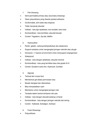 1. Film Dressing
• Semi-permeable primary atau secondary dressings
• Clear polyurethane yang disertai perekat adhesive
• Conformable, anti robek atau tergores
• Tidak menyerap eksudat
• Indikasi : luka dgn epitelisasi, low exudate, luka insisi
• Kontraindikasi : luka terinfeksi, eksudat banyak
• Contoh: Tegaderm, Op-site, Mefilm
2. Hydrocolloid
• Pectin, gelatin, carboxymethylcellulose dan elastomers
• Support autolysis untuk mengangkat jaringan nekrotik atau slough
• Occlusive –> hypoxic environment untuk mensupport angiogenesis
• Waterproof
• Indikasi : luka dengan epitelisasi, eksudat minimal
• Kontraindikasi : luka yang terinfeksi atau luka grade III-IV
• Contoh: Duoderm extra thin, Hydrocoll, Comfeel
3. Alginate
• Terbuat dari rumput laut
• Membentuk gel diatas permukaan luka
• Mudah diangkat dan dibersihkan
• Bisa menyebabkan nyeri
• Membantu untuk mengangkat jaringan mati
• Tersedia dalam bentuk lembaran dan pita
• Indikasi : luka dengan eksudat sedang s.d berat
• Kontraindikasi : luka dengan jaringan nekrotik dan kering
• Contoh : Kaltostat, Sorbalgon, Sorbsan
4. Foam Dressings
• Polyurethane
 