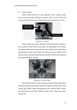 Perawatan Mesin Bubut Konvensional
21
4.1. Cekam (Chuck)
Cekam adalah sebuah alat yang digunakan untuk menjepit benda
kerja. Jenisnya ada yang berahang tiga sepusat (Self centering chuck), dan
ada juga yang berahang tiga dan empat tidak sepusat (Independenc chuck).
Gambar 4.1 : Cekam
Cekam rahang tiga sepusat, digunakan untuk benda-benda silindris, di
mana gerakan rahang bersama-sama pada saat dikencangkan atau dibuka.
Sedangkan gerakan untuk rahang tiga dan empat tidak sepusat, setiap rahang
dapat bergerak sendiri tanpa diikuti oleh rahang yang lain, maka jenis ini
biasanya untuk mencekam benda-benda yang tidak silindris atau digunakan
pada saat pembubutan eksentrik.
Gambar 4.2 : Jenis Cekam
Perlu diketahui bahwa cekam rahang tiga maupun rahang empat dapat
digunakan untuk menjepit bagian dalam atau bagian luar benda kerja. Posisi
rahang dapat dibalik apabila dipergunakan untuk menjepit benda silindris
atau untuk benda yang bukan silindris, misalnya flens, benda segi empat,
dan lain-lain.
Rahang penjepit
Lubang tangkai
pemutar cekam
 