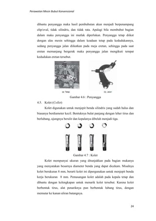 Perawatan Mesin Bubut Konvensional
24
dibantu penyangga maka hasil pembubutan akan menjadi berpenampang
elip/oval, tidak silindris, dan tidak rata. Apalagi bila membubut bagian
dalam maka penyangga ini mutlak diperlukan. Penyangga tetap diikat
dengan alas mesin sehingga dalam keadaan tetap pada kedudukannya,
sedang penyangga jalan diikatkan pada meja eretan, sehingga pada saat
eretan memanjang bergerak maka penyangga jalan mengikuti tempat
kedudukan eretan tersebut.
Gambar 4.6 : Penyangga
4.5. Kolet (Collet)
Kolet digunakan untuk menjepit benda silindris yang sudah halus dan
biasanya berdiameter kecil. Bentuknya bulat panjang dengan leher tirus dan
berlubang, ujungnya berulir dan kepalanya dibelah menjadi tiga.
Gambar 4.7 : Kolet
Kolet mempunyai ukuran yang ditunjukkan pada bagian mukanya
yang menyatakan besarnya diameter benda yang dapat dicekam. Misalnya
kolet berukuran 8 mm, berarti kolet ini dipergunakan untuk menjepit benda
kerja berukuran 8 mm. Pemasangan kolet adalah pada kepala tetap dan
dibantu dengan kelengkapan untuk menarik kolet tersebut. Karena kolet
berbentuk tirus, alat penariknya pun berbentuk lubang tirus, dengan
memutar ke kanan uliran batangnya.
 