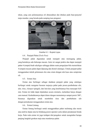 Perawatan Mesin Bubut Konvensional
34
tekan, yang cara pelumasannya oli dimasukkan dan ditekan pada baut penyetel
maju mundur, yang berada pada samping tuas pengunci.
Gambar 6.1 : Kepala Lepas
6.4. Penjepit Pahat (Tools Post)
Penjepit pahat digunakan untuk menjepit atau memegang pahat,
yang bentuknya ada beberapa macam. Jenis ini sangat praktis dan dapat menjepit
pahat 4 (empat) buah sekaligus sehingga dalam suatu pengerjaan bila memerlukan
4 (empat) macam pahat dapat dipasang dan disetel sekaligus. Untuk penjepit pahat
menggunakan teknik pelumasan eles atau siram dengan alat kuas atau semprotan
oli.
6.5. Eretan Atas
Eretan atas berfungsi sebagai dudukan penjepit pahat yang sekaligus
berfungsi untuk mengatur besaran majunya pahat pada proses pembubutan ulir,
alur, tirus, champer (pingul), dan lain-lain yang ketelitiannya bisa mencapai 0,01
mm. Eretan ini tidak dapat dijalankan secara otomatis, melainkan hanya dengan
cara manual. Kedudukannya dapat diatur dengan memutarnya sampai posisi 360°,
biasanya digunakan untuk membubut tirus dan pembubutan ulir
dengan pemakanan menggunakan eretan atas.
6.6. Eretan Lintang
Eretan lintang berfungsi untuk menggerakkan pahat melintang alas mesin
atau arah ke depan atau ke belakang posisi operator yaitu dalam pemakanan benda
kerja. Pada roda eretan ini juga terdapat dial pengukur untuk mengetahui berapa
panjang langkah gerakan maju atau mundurnya pahat.
 