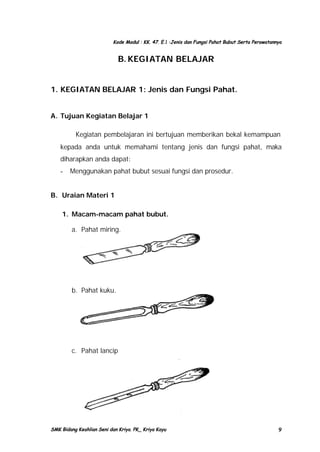 Kode Modul : KK. 47. E.1 :Jenis dan Fungsi Pahat Bubut Serta Perawatannya

B. KEGIATAN BELAJAR
1. KEGIATAN BELAJAR 1: Jenis dan Fungsi Pahat.
A. Tujuan Kegiatan Belajar 1
Kegiatan pembelajaran ini bertujuan memberikan bekal kemampuan
kepada anda untuk memahami tentang jenis dan fungsi pahat, maka
diharapkan anda dapat:
-

Menggunakan pahat bubut sesuai fungsi dan prosedur.

B. Uraian Materi 1
1. Macam-macam pahat bubut.
a. Pahat miring.

b. Pahat kuku.

c. Pahat lancip

SMK Bidang Keahlian Seni dan Kriya. PK_ Kriya Kayu

9

 