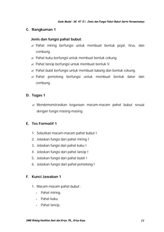 Kode Modul : KK. 47. E.1 :Jenis dan Fungsi Pahat Bubut Serta Perawatannya

C. Rangkuman 1
Jenis dan fungsi pahat bubut.
? Pahat miring berfungsi untuk membuat bentuk pejal, tirus, dan
cembung.
? Pahat kuku berfungsi untuk membuat bentuk cekung.
? Pahat lancip berfungsi untuk membuat bentuk V.
? Pahat bulat berfungsi untuk membuat lubang dan bentuk cekung.
? Pahat pemotong berfungsi untuk membuat bentuk datar dan
cembung.
D. Tugas 1
? Mendemonstrasikan kegunaan macam-macam pahat bubut sesuai
dengan fungsi masing-masing.
E. Tes Formatif 1
1. Sebutkan macam-macam pahat bubut !
2. Jelaskan fungsi dari pahat miring !
3. Jelaskan fungsi dari pahat kuku !
4. Jelaskan fungsi dari pahat lancip !
5. Jelaskan fungsi dari pahat bulat !
6. Jelaskan fungsi dari pahat pemotong !
F. Kunci Jawaban 1
1. Macam-macam pahat bubut :
-

Pahat miring.

-

Pahat kuku.

-

Pahat lancip.

SMK Bidang Keahlian Seni dan Kriya. PK_ Kriya Kayu

11

 