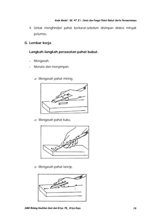 Kode Modul : KK. 47. E.1 :Jenis dan Fungsi Pahat Bubut Serta Perawatannya

4. Untuk menghindari pahat berkarat,sebelum disimpan diolesi minyak
pelumas.
G. Lembar kerja
Langkah-langkah perawatan pahat bubut.
-

Mengasah.

-

Menata dan menyimpan.
? Mengasah pahat miring.

? Mengasah pahat kuku.

? Mengasah pahat lancip.

SMK Bidang Keahlian Seni dan Kriya. PK_ Kriya Kayu

16

 